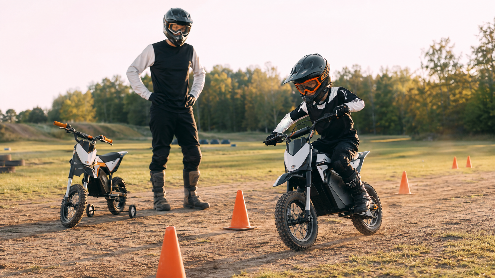 Training wheels compared with a pre-PW50 electric dirt bike
