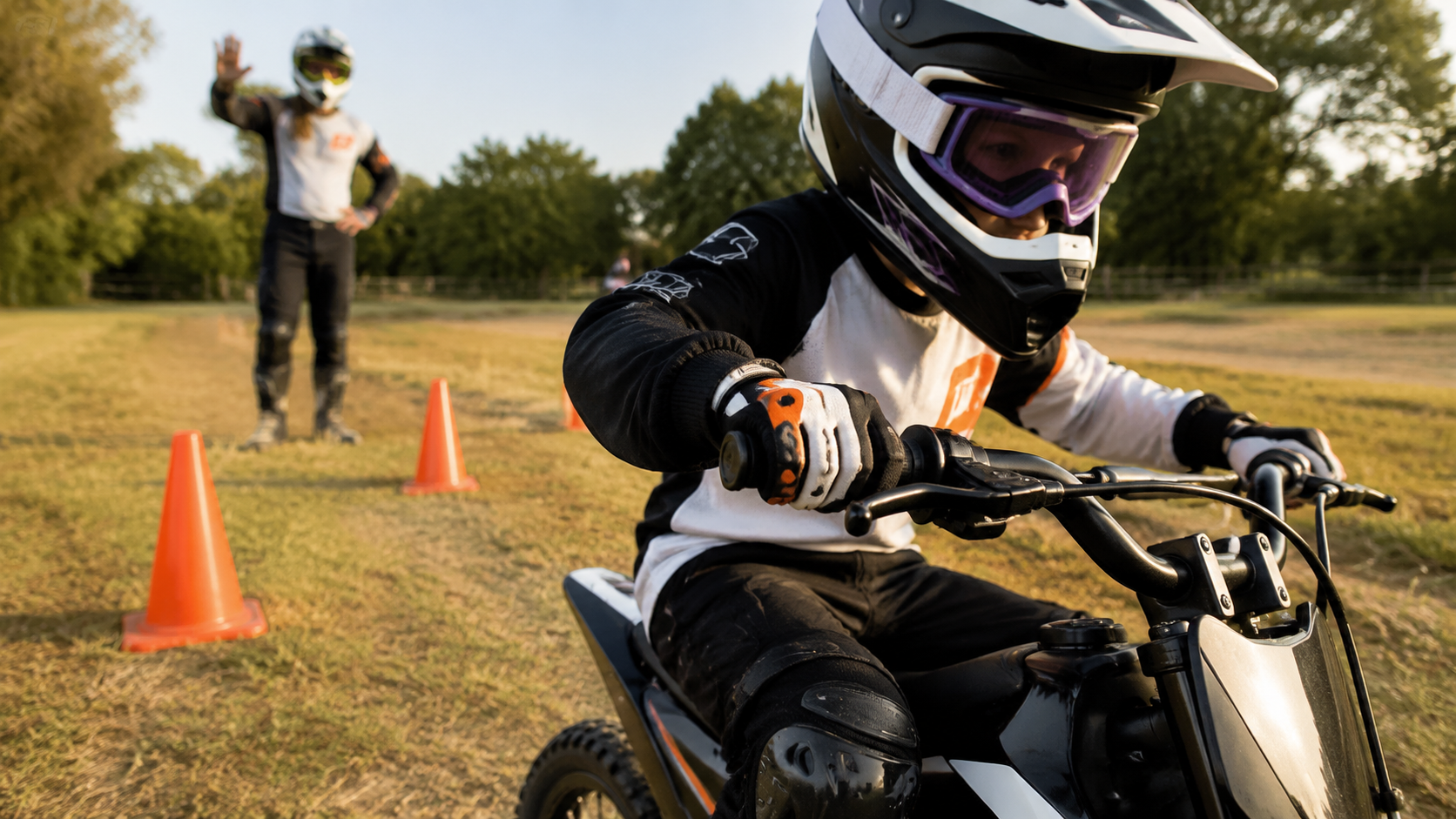 Child learning smooth dirt bike throttle control