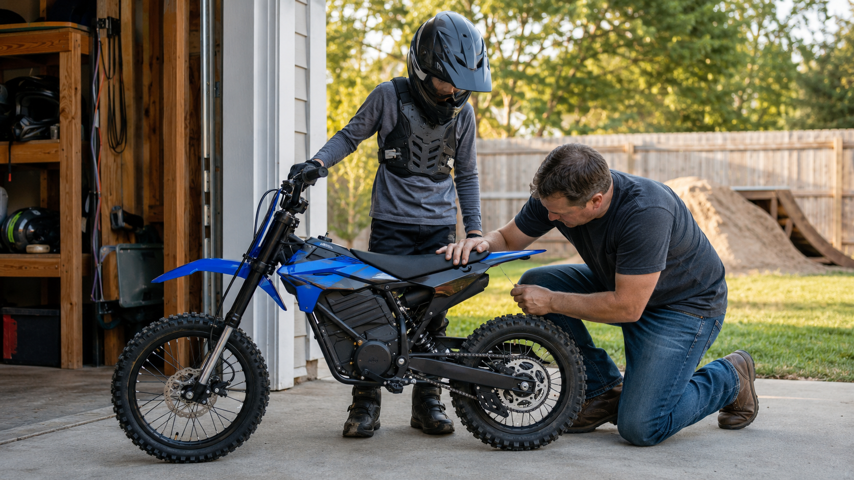 Parent and young rider inspecting a kids electric dirt bike for fit and safety