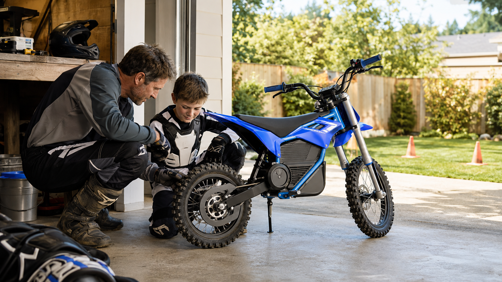 Parent and young rider inspecting a brushless motor kids dirt bike