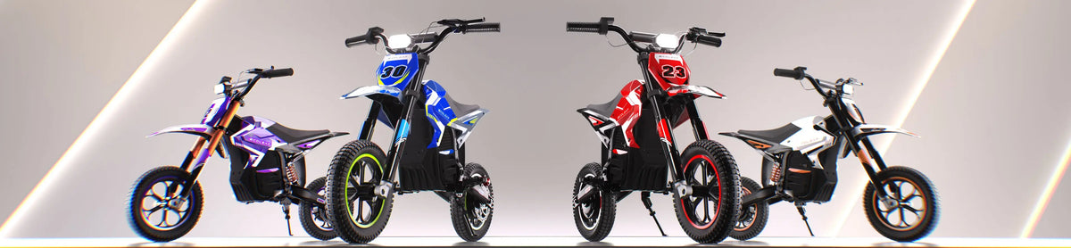 Four small electric dirt bikes displayed side by side under a large metallic 'ECOLEAP' logo on a light gray studio background with diagonal illuminated panels.