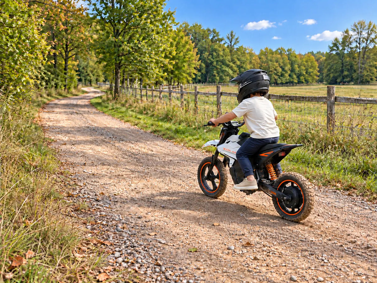 Protected young rider on a white Ecoleap K2 exploring a long winding gravel path through open rolling meadows