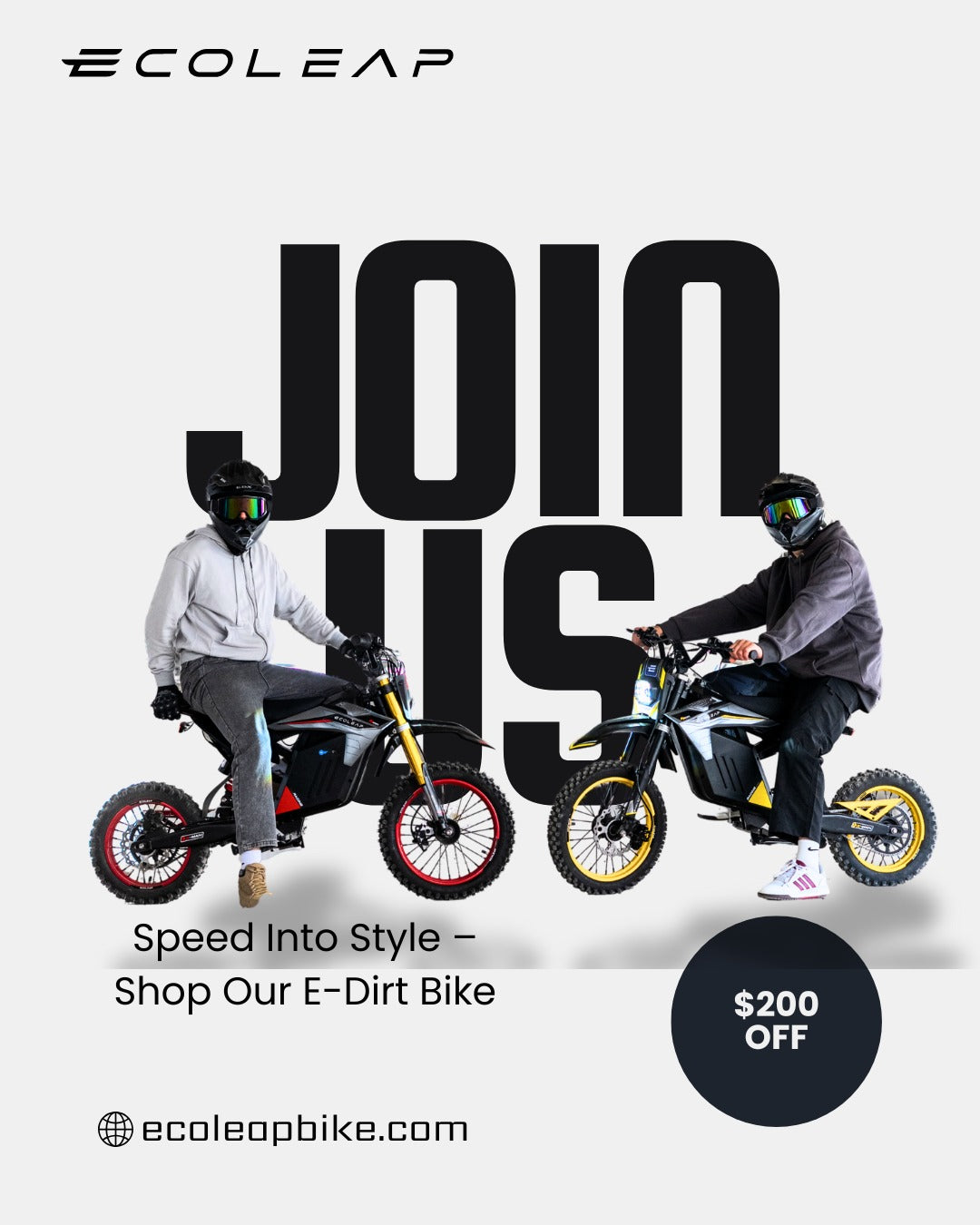 Two people riding electric dirt bikes with 'Ecoleap' branding and promotional text.